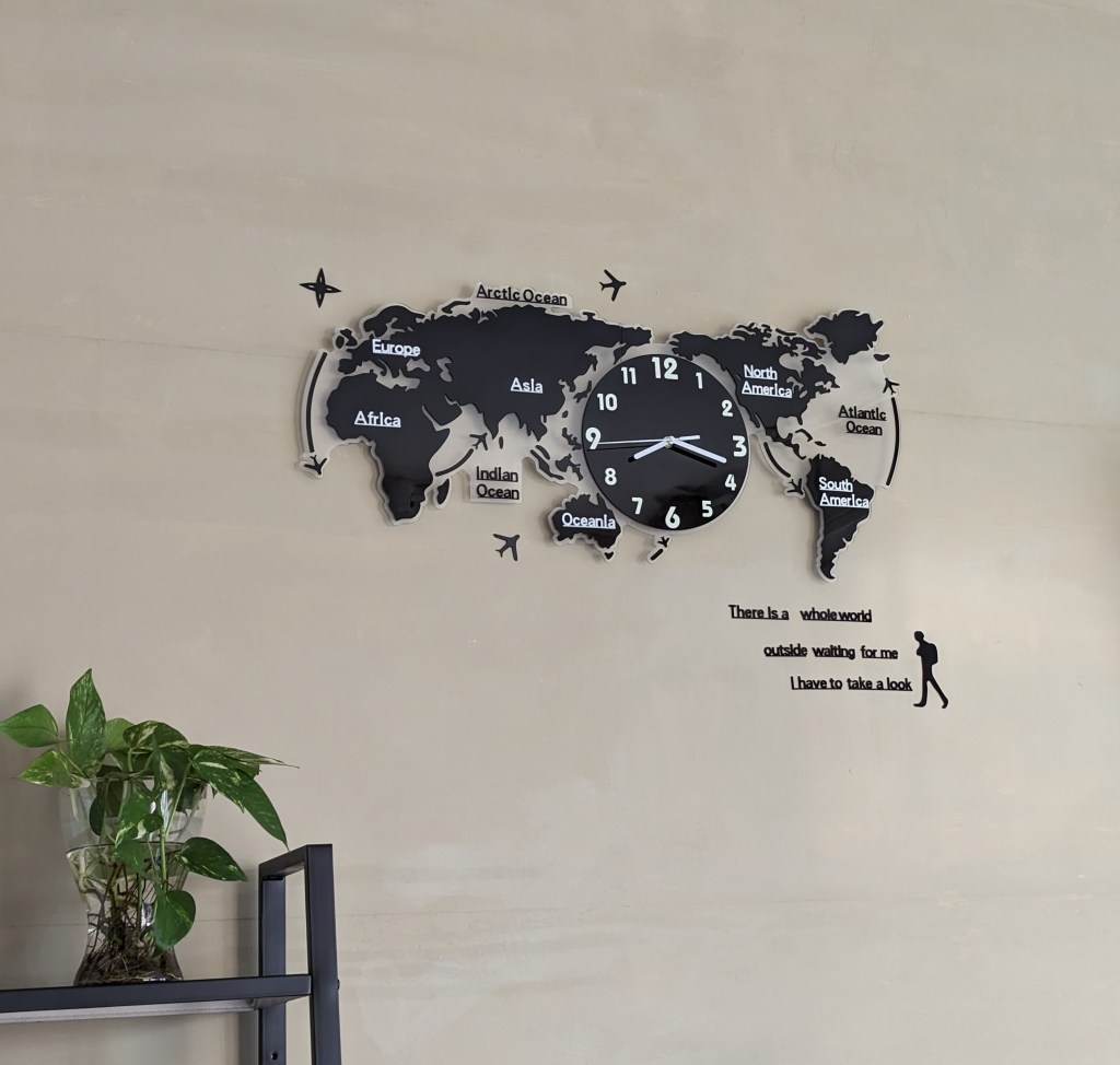 Clock with a qoute "These is a whole world outside waiting for me. I have to take a look"